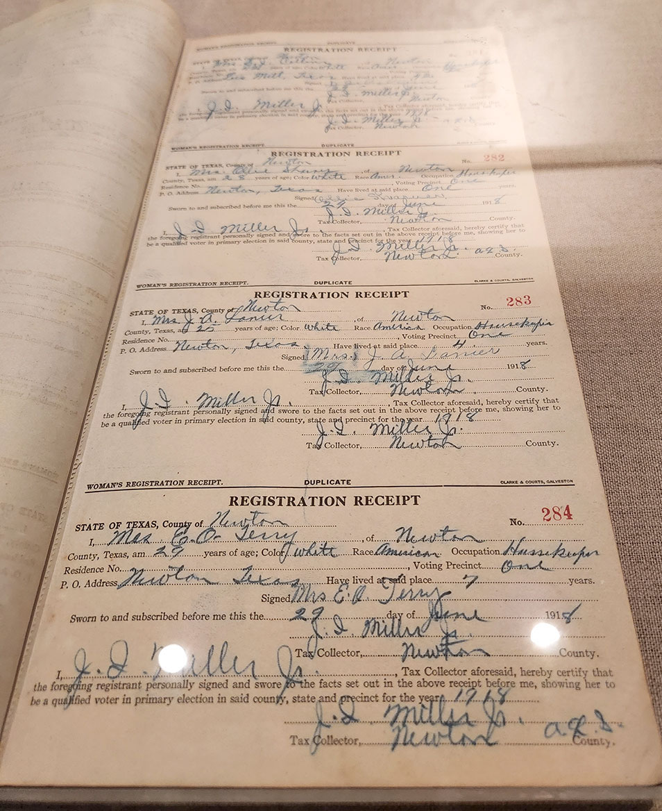Newton County Women's Registration receipts log shows women registering to vote on June 29, 1918, the day after the Texas Senate gave women the right to vote. Photo by Ginger Kovar