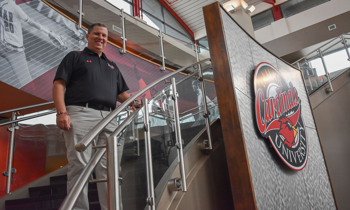 LU's new athletic director, Jeff O'Malley, stands on the steps of the Dauphin Athletic Complex in Beaumont. Image credit: Keagan Smith, UP sports editor.