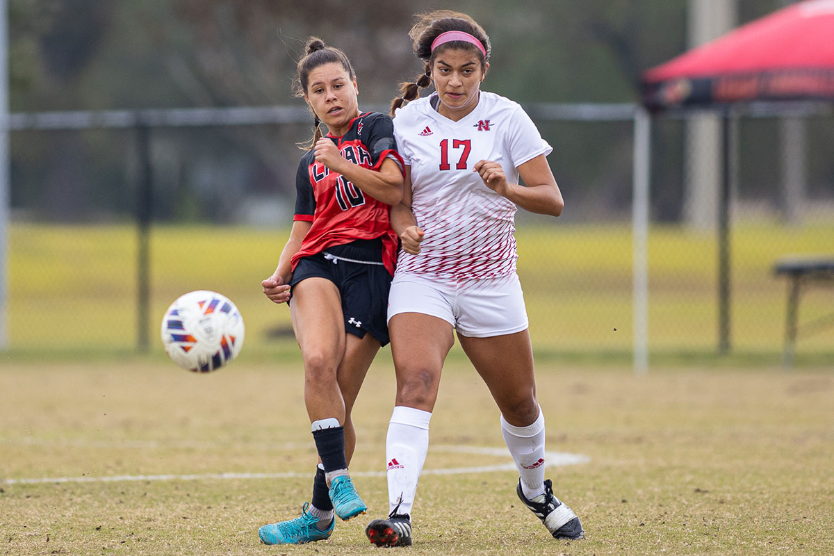 LU midfielder Laura Linares fights for possession of the ball against Nicholls State defender, Oct. 28, at Lamar University Soccer Complex. UP image by Brian Quijada.