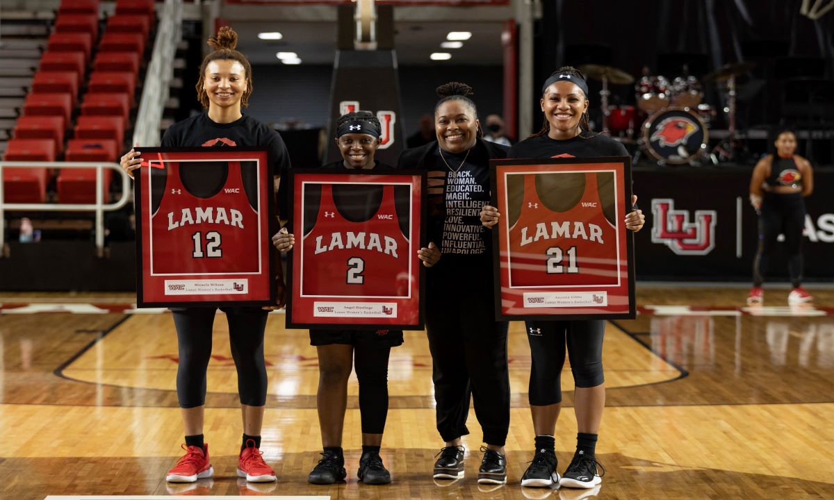 Lamar's seniors were celebrated in a pregame ceremony, Feb. 26. Pictured from left to right: Micaela Wilson, Angel Hastings, and Anyssia Gibbs. Photo credit: Brian Quijada