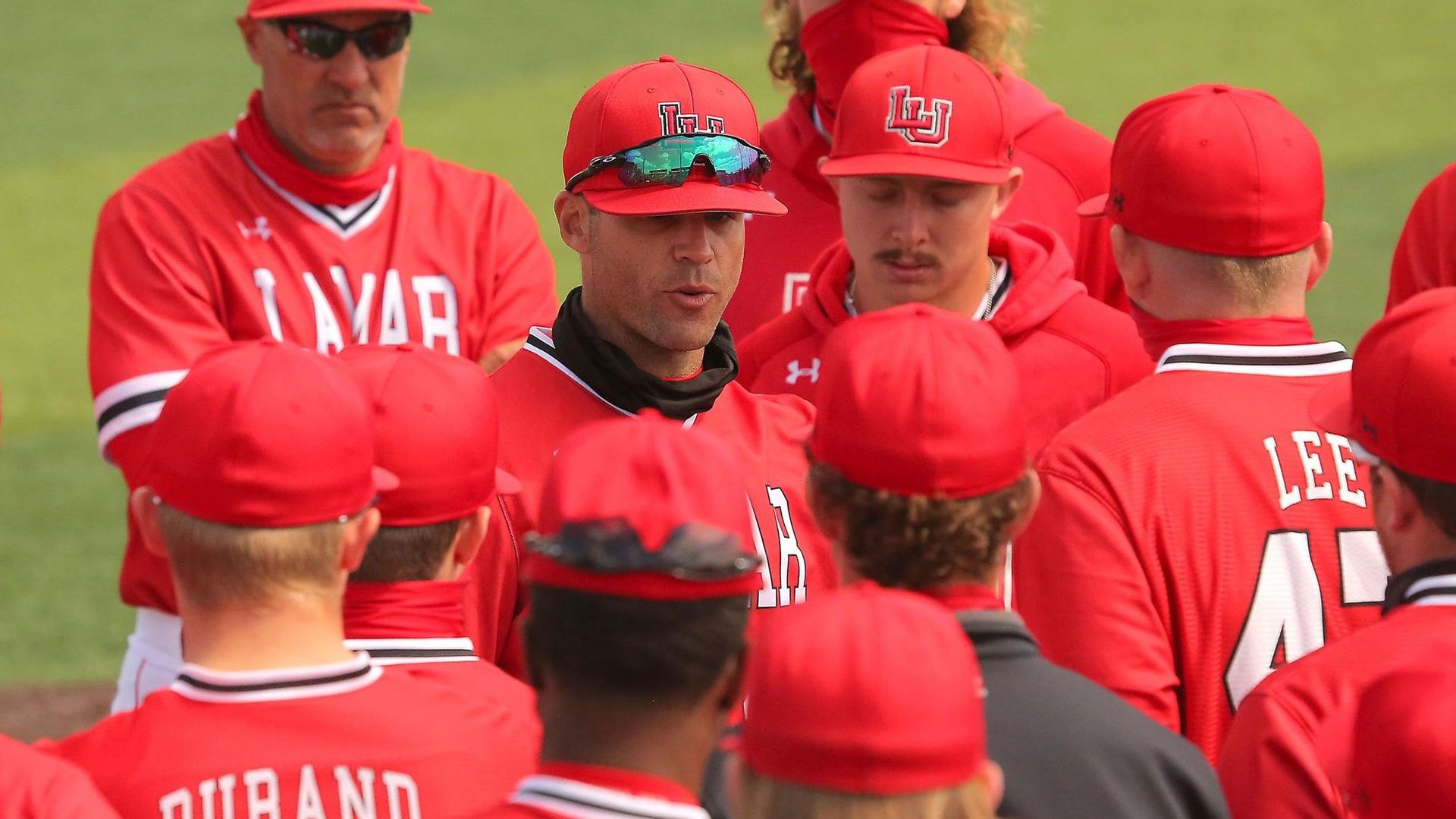 Lamar head coach Will Davis addresses the team.