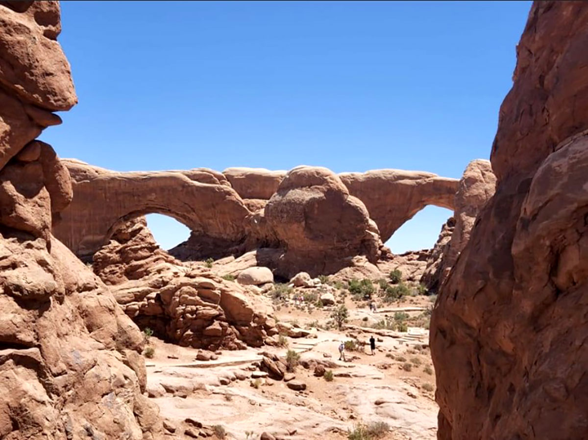 A view of the North and South Window arches in Arches National Park.