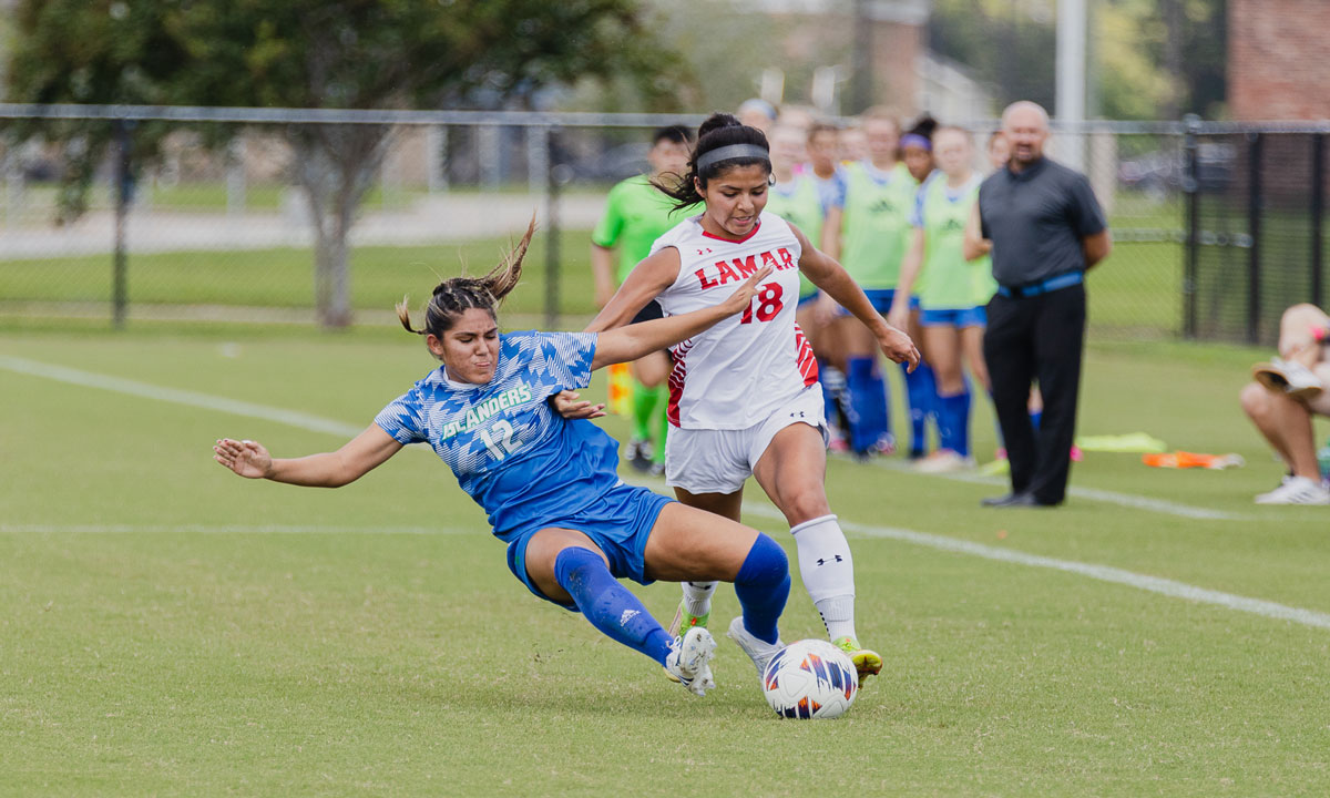 Lamar Forward Arely Alaniz tries to keep control of the ball against TAMUCC, Sep 11, at Lamar University Soccer Complex. UP image by Brian Quijada.