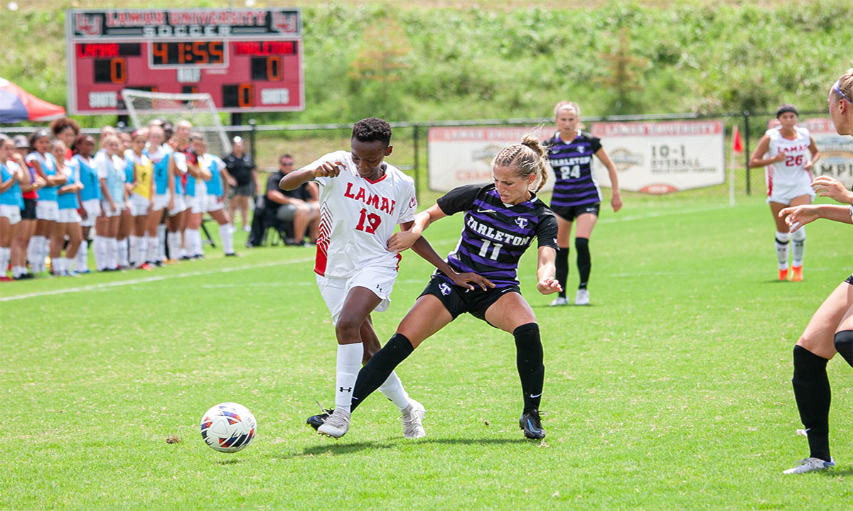 Cardinal forward Christine Kitaru fights for possession of the ball against Tarleton State, Aug 28 at Lamar University Soccer Complex. UP image by Brian Quijada.