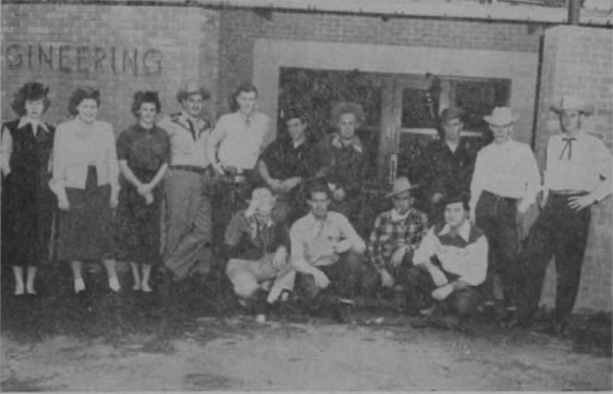 PEACE OFFICERS--Pictured above are the deputy sheriffs whose responsibility it will be to maintain law and order and to jail non-conformers during Western Week. Sheriff Ben Whitaker is fourth from right, standing.