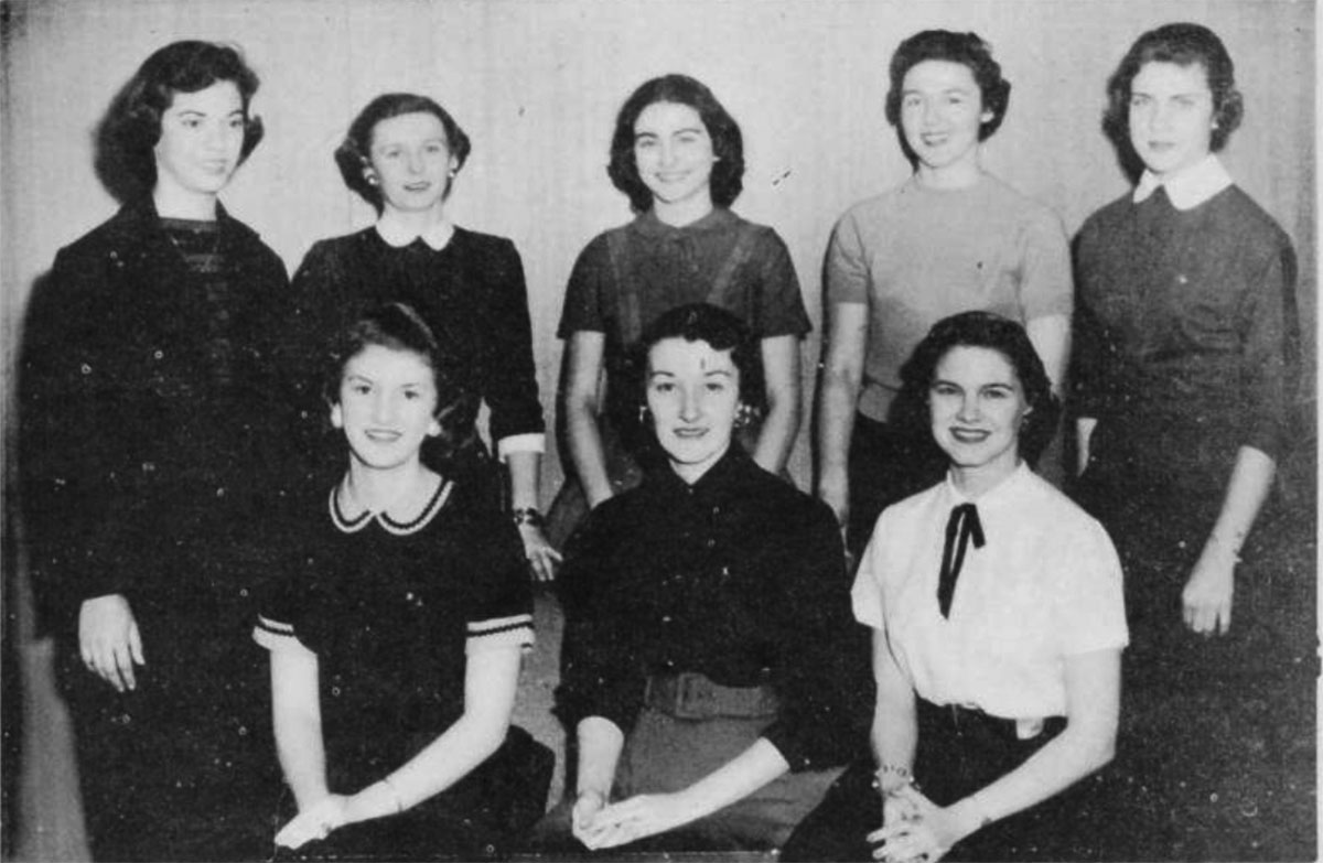 Belle of the Ball--Will be chosen from one of these eight candidates tonight at the Easter Ball. Seated are Iver Beth Schley, sponsored by Lambda Tau Sigma; Frances Wimberly, Cavaliers; and Toni Follmer, Rogues. Standing are Camille Alexander, sponsored by the Kollege Klub; Colleen McDonald, Phi Delta; Joanne Yianitsas, Revelers; Bertha Hebert, Sigma Phi Gamma, and Gloria Heard, Zeta Chi.—Photo by Cricchio.