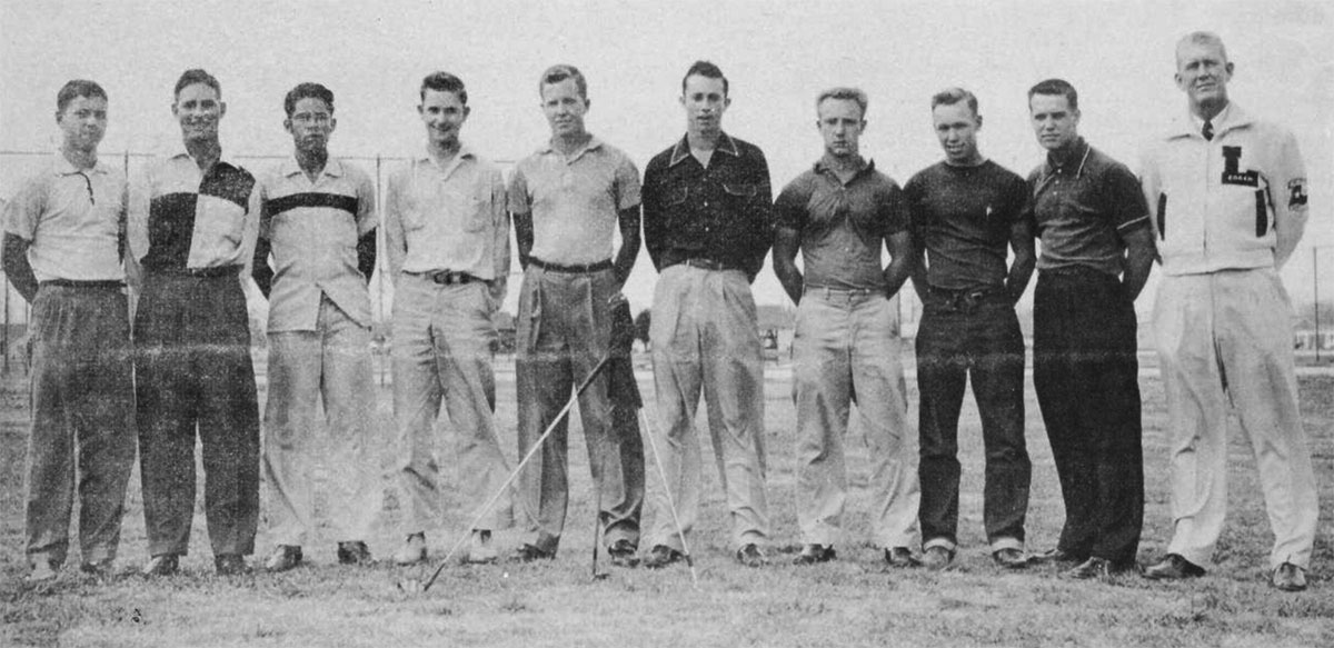 Golf and Tennis Crews—Here are the Lamar Tech golf and tennis teams which will be trying to retain their Lone Star Conference championships this week. Above is the golf squad, as from left to right they are: Cyrus Northrup, Caption Jud Thomas, Al Flores, Del Romero, Dave Moody, Hugh Scarborough, Dick Chase, Fred Baird, Alternate Captain Eddie Langert, and Coach Lewis Hilley.