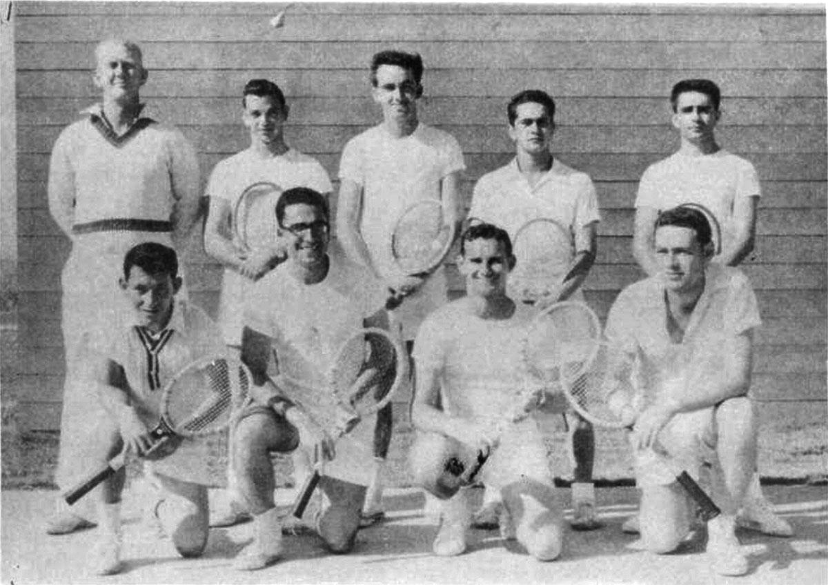 On the left is the tennis crew. They are from left to right: standing, Coach Hilley, Melvin O’Mealey, Jim Schmidt, Ronaldo Moreira and Tony Trejo; kneeling, Guillermo Lemus, Raphael Reyes, Don Coleman and Alfredo Robles.