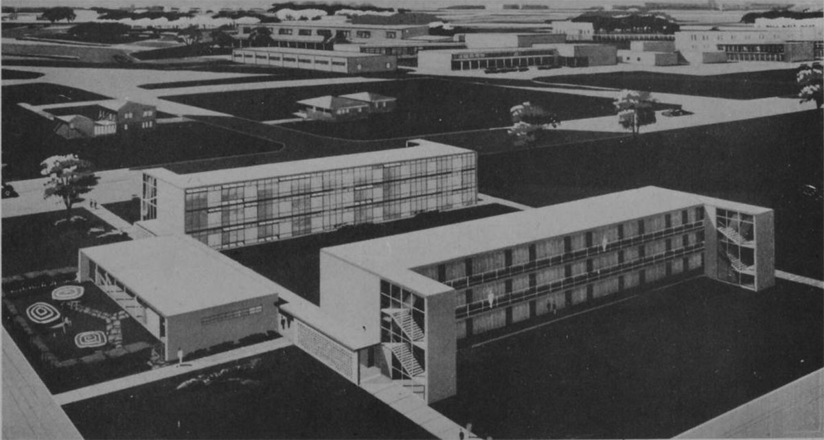 Pictured above is the men's dorm which is due for completion in September, 1954. It will be facing East Virginia and Colorado Streets. The dorm will house approximately 204 students.
