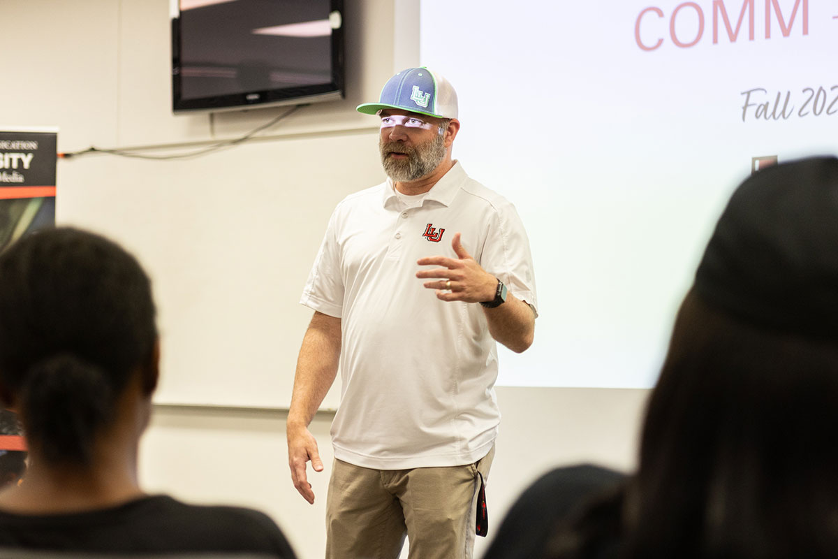 Dean of the College of Fine Arts & Communications Golden Wright speaks to students at the COMM-Unity event in the Communications Building, Aug. 22. UP photo by Brian Quijada.