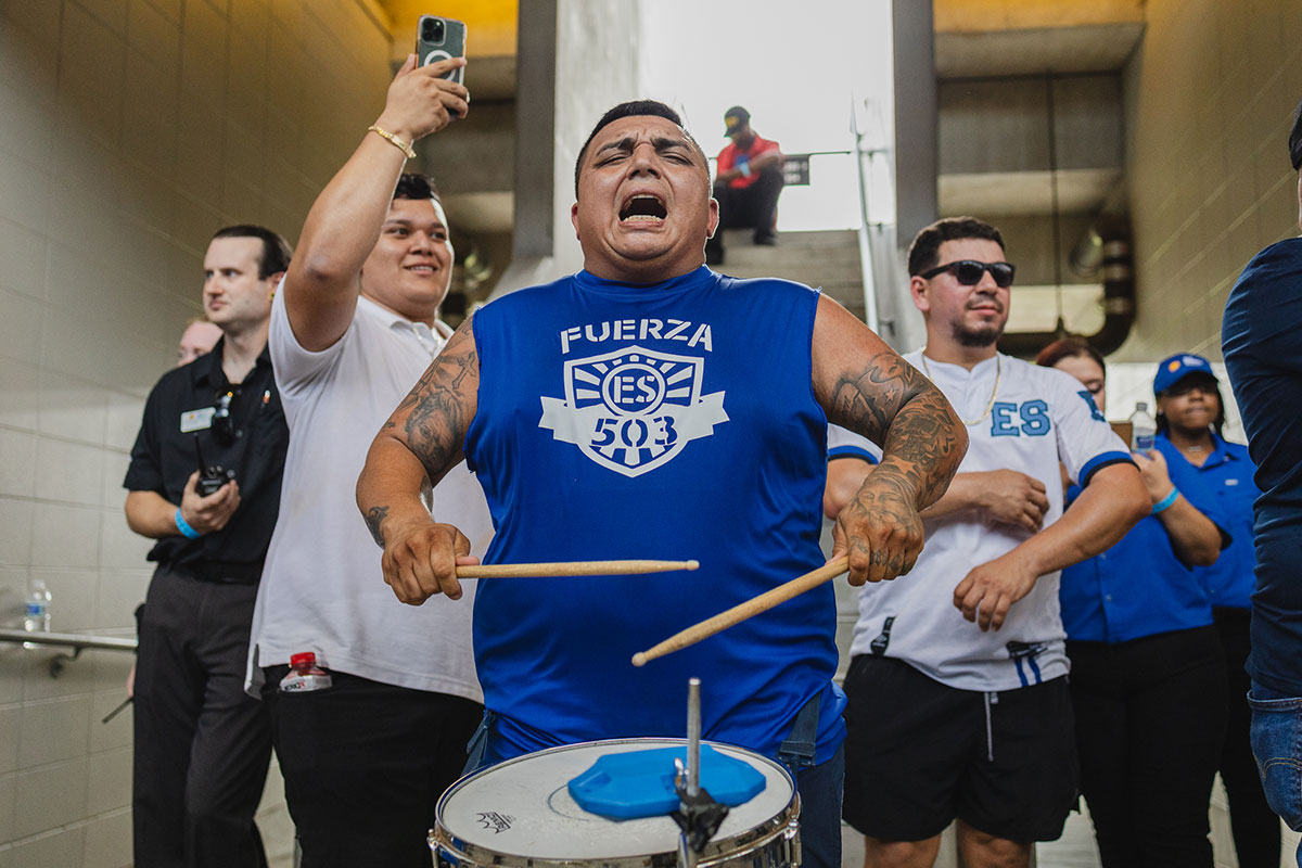 A Fuerza 503 drummer plays for the fans inside of Shell Energy Stadium in Houston, July 4th. UP photo by Brian Quijada.