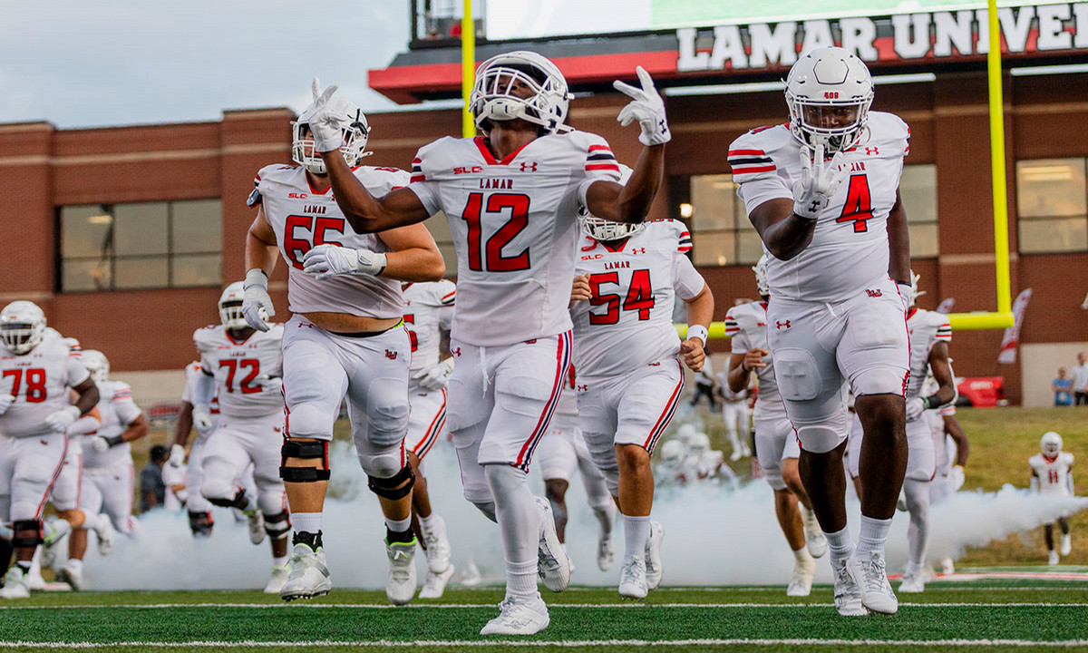 Lamar football players take the field pre-game against University of Idaho, Aug. 31, at Provost Umphrey Stadium. UP photo by Brian Quijada.