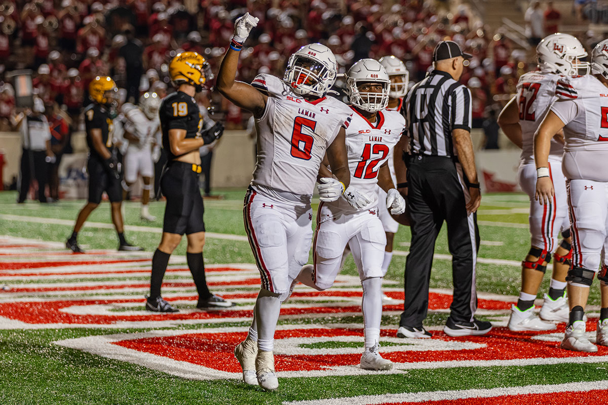 LU’s Khalan Griffin celebrates after scoring a touchdown against University of Idaho, Aug. 31, at Provost Umphrey Stadium. UP photo by Brian Quijada.