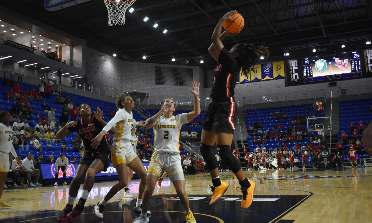 Sabria Dean pulls up for a jump shot against Southeastern Louisiana, March 9, at the Legacy Center in Lake Charles, Louisiana. Photo credit: Keagan Smith, UP sports editor.