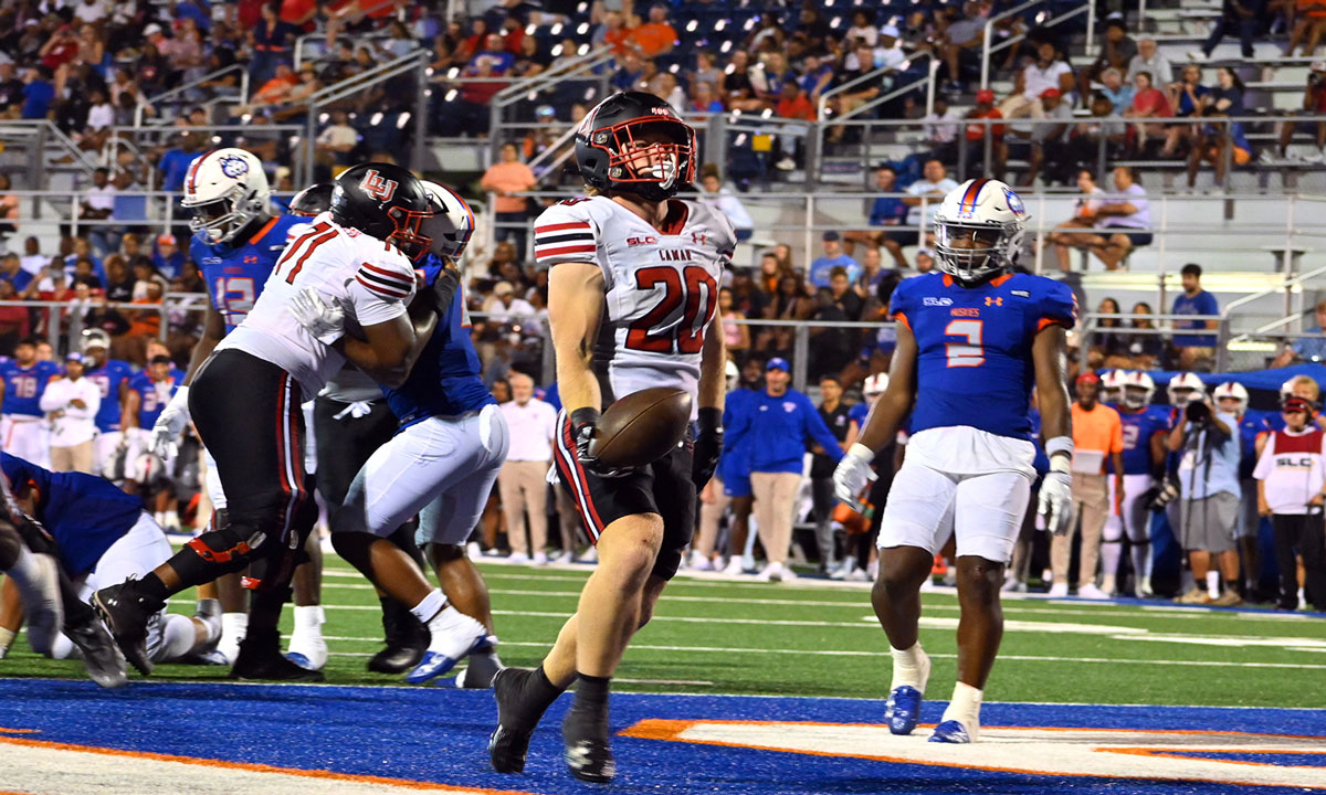 LU running back Major Bowden celebrates his second touchdown of the game against Houston Christian University at Husky Stadium in Houston, Sept. 30. 