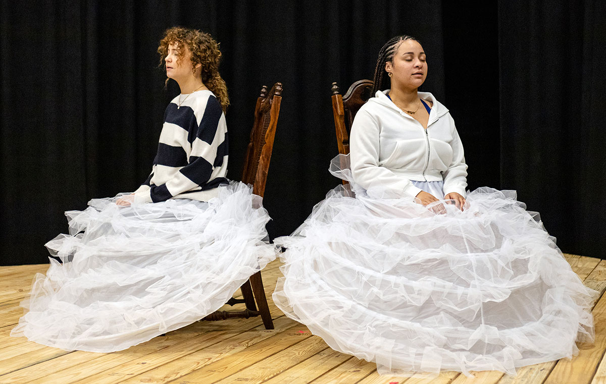 Juliana McManus and Dominique Roman rehearse a seance scene from "The Incredible Fox Sisters 