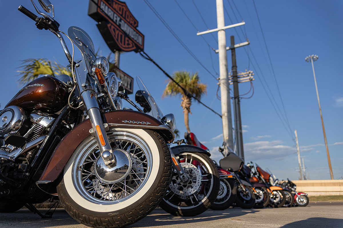 Motorcycles are lined up for the Ladies in Leather parade & rally, in Teddy Morse's Cowboy Harley-Davidson in Beaumont, Texas, Sep. 7. UP photo by Brian Quijada.
