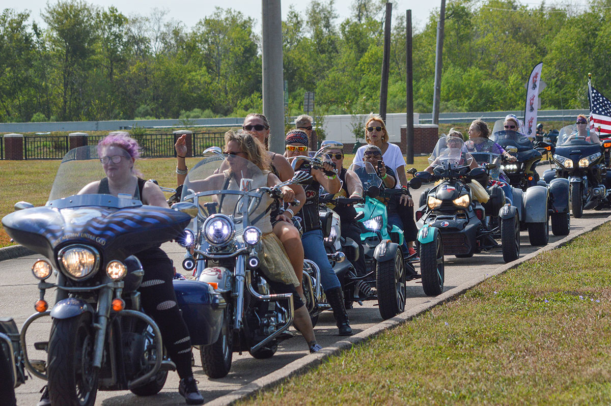 Bikers wait in line to get inside of the parade for the Ladies in Leather parade & rally, at Spindletop Gladys-City Boomtown Museum in Beaumont, Texas, Sep. 9. UP photo by Isabella Gonzalez.
