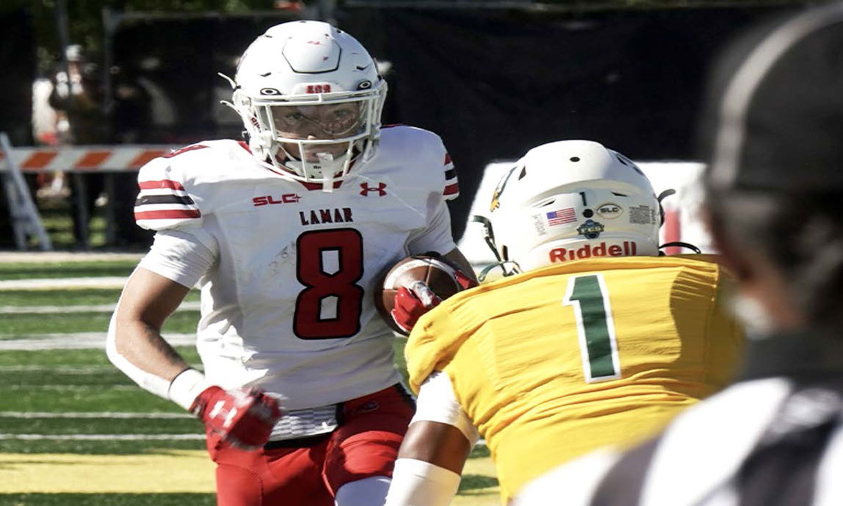 Lamar Cardinal wide receiver Kyndon Fuselier runs after a catch against Southeastern Louisiana at Strawberry Stadium in Hammond, Louisiana, Oct. 14.