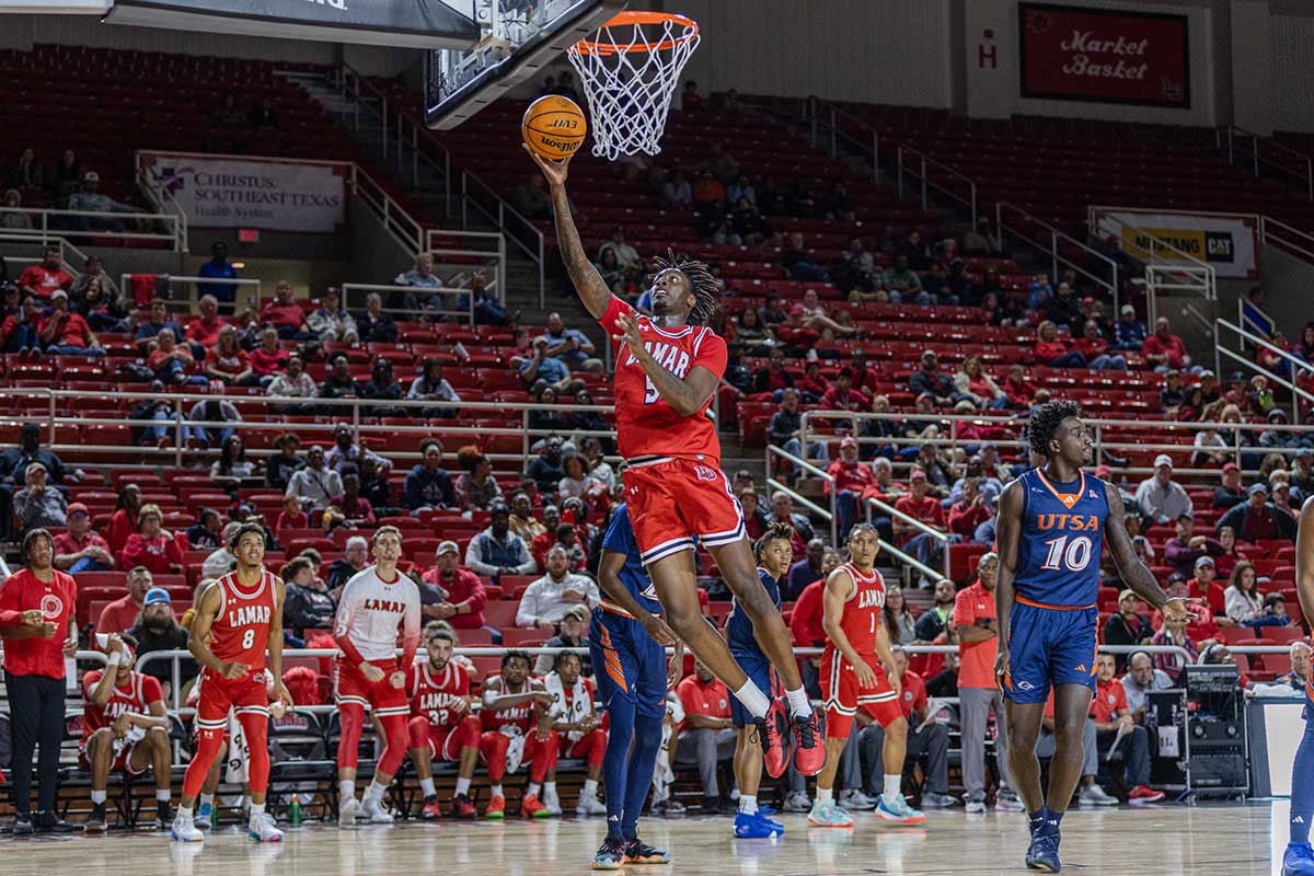 Lamar forward Terry Anderson goes in for an open layup against the University of Texas at San Antonio, Nov. 14, at the Montagne Center. Anderson finished the game with 20 points and 11 rebounds. UP image by Brian Quijada.