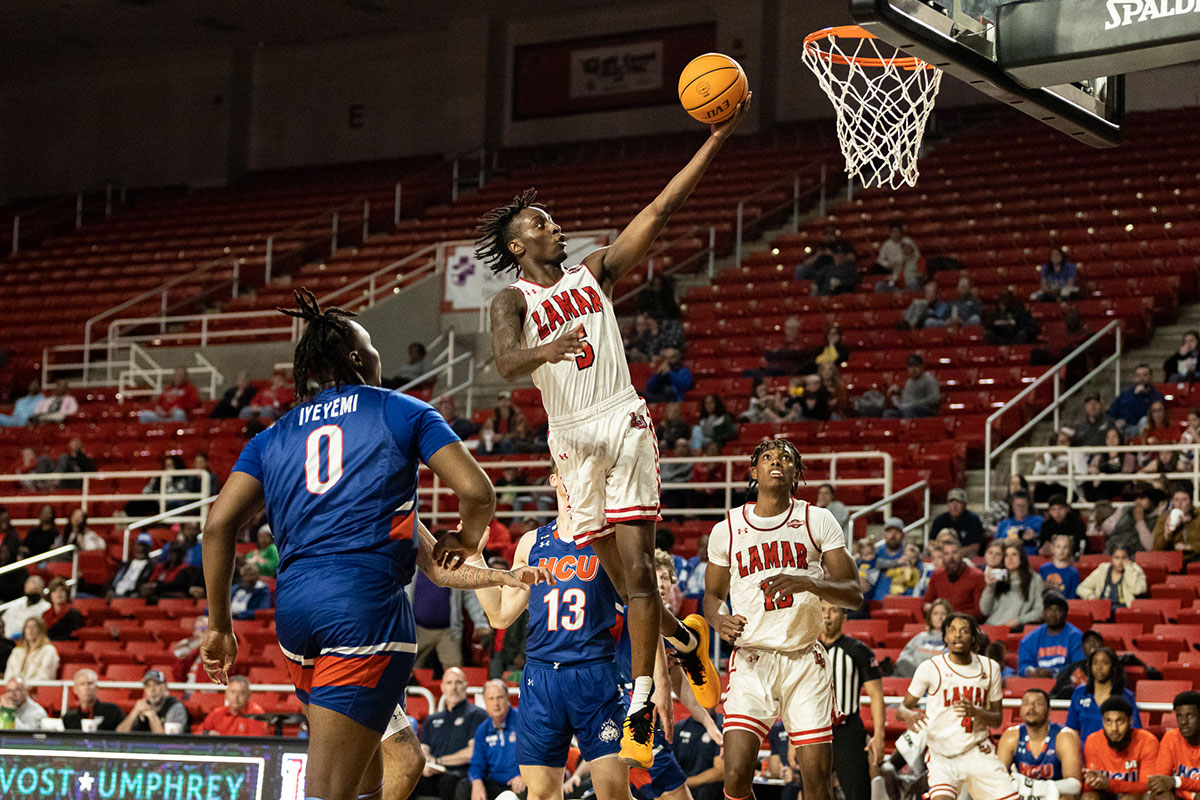 Lamar forward Terry Anderson floats up the ball against the Houston Christian University Huskies, Feb. 16, at the Montagne Center. UP image by Brian Quijada.