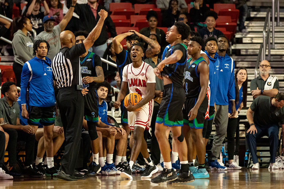 Sophomore guard Jakevion Buckley celebrates after winning possession of the ball in the last moments of the game, Jan 19, at the Montagne Center. UP image by Brian Quijada.