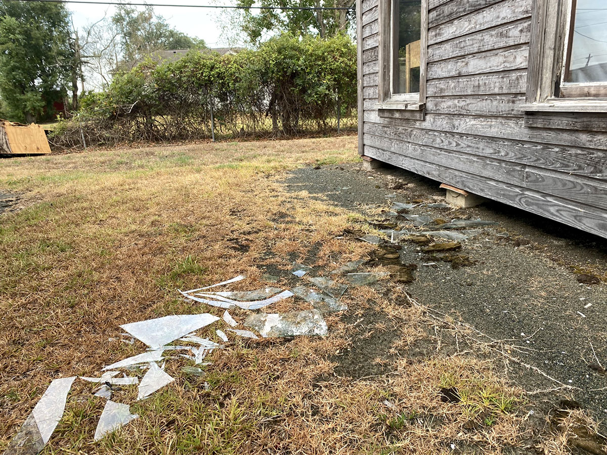 A broken window from one of the buildings. UP photo by Maddie Sims.