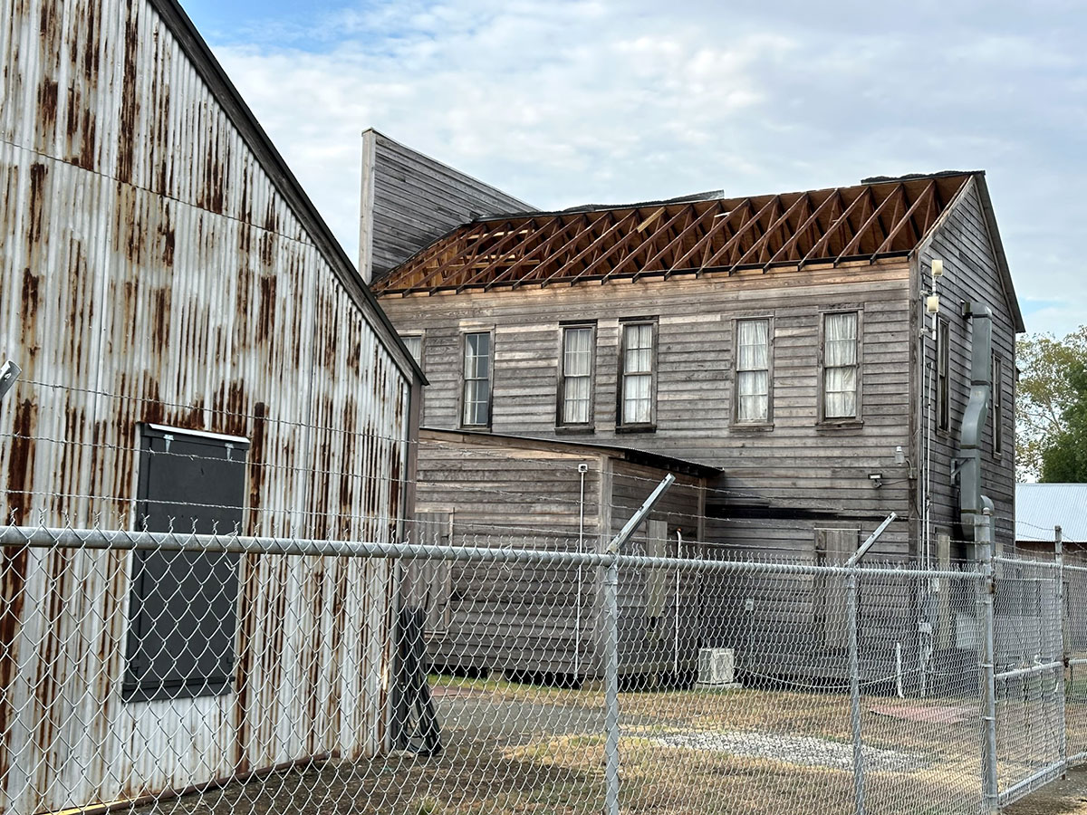 The damaged roof from the saloon at Spindletop-Gladys City Boomtown museum. Photo by UP staff.