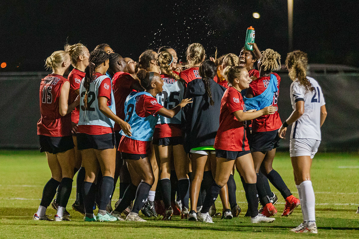 The Lamar soccer team celebrates the win after the match against Xavier University ended, Sept. 14, at Lamar University Soccer Complex. UP photo by Allyson Arnold.