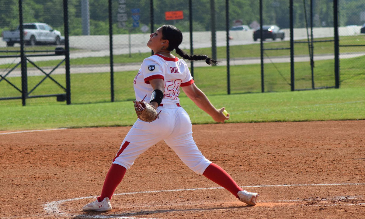 Aaliyah Ruiz throws a pitch for Lamar during a game. Image credit: Lamar athletics. 