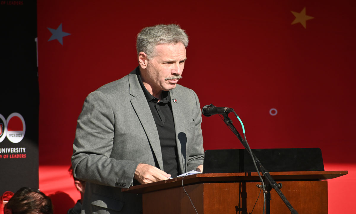 Lamar University President Jaime Taylor speaks at Centennial Fest, Sept. 17, in the Quad. Image credit: Keagan Smith, UP sports/managing editor.