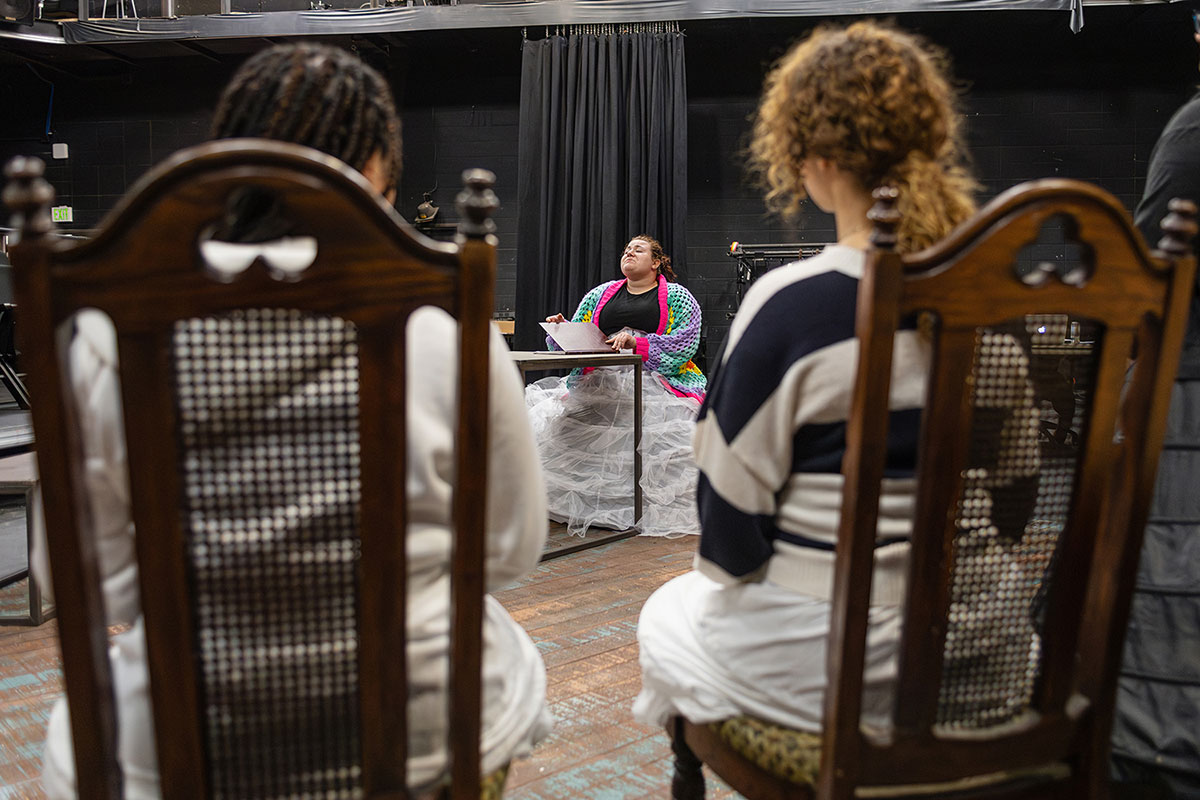 Dominque Roman, left, Julianna McManus, and Shelby Eason rehearse for "The Incredible Fox Sisters" which opens Oct. 26 in the Studio Theatre. UP photo by Brian Quijada.