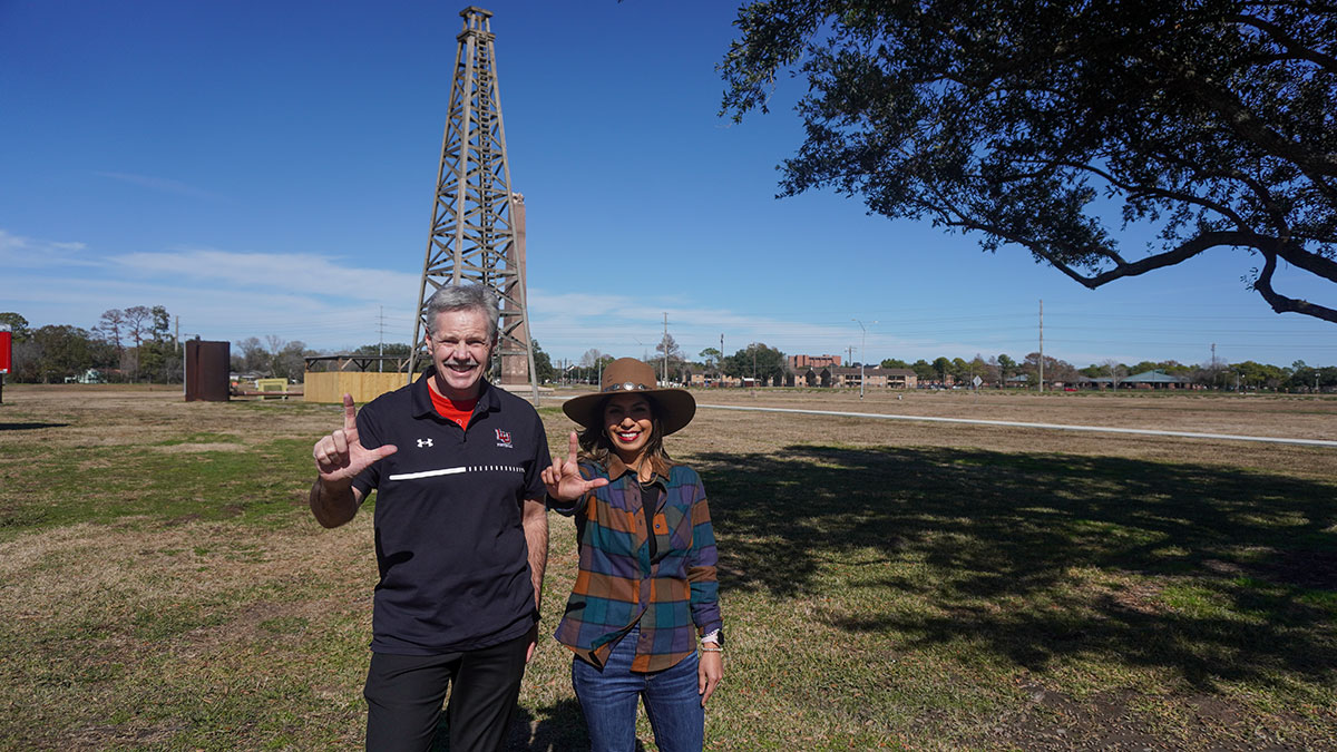 President Taylor and Director of Boomtown Jeanna Summy pose for a picture during the 123rd Spindletop Anniversary at the Spindletop Gladys-City Boomtown Museum, Jan. 13. UP photo by Carlos Viloria.