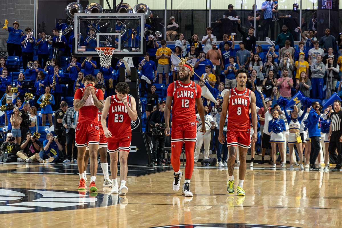 The Lamar basketball team walk off after losing against McNeese during the Southland Conference tournament semifinal, in The Legacy Center, Lake Charles, La. March 12. UP photo by Brian Quijada.