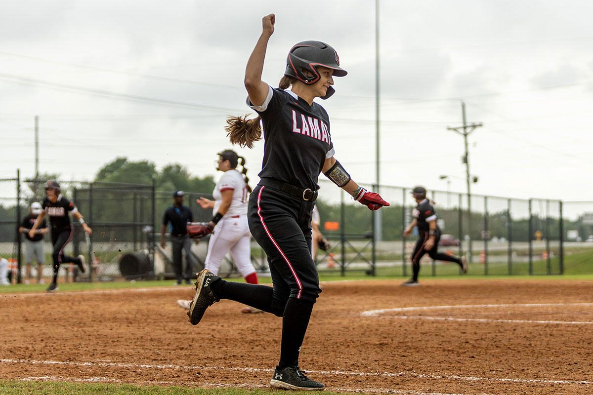 Brooke Davis celebrates her walk-off hit in the bottom of the seventh inning, April 20, at the LU Softball Complex. UP photo by Brian Quijada.