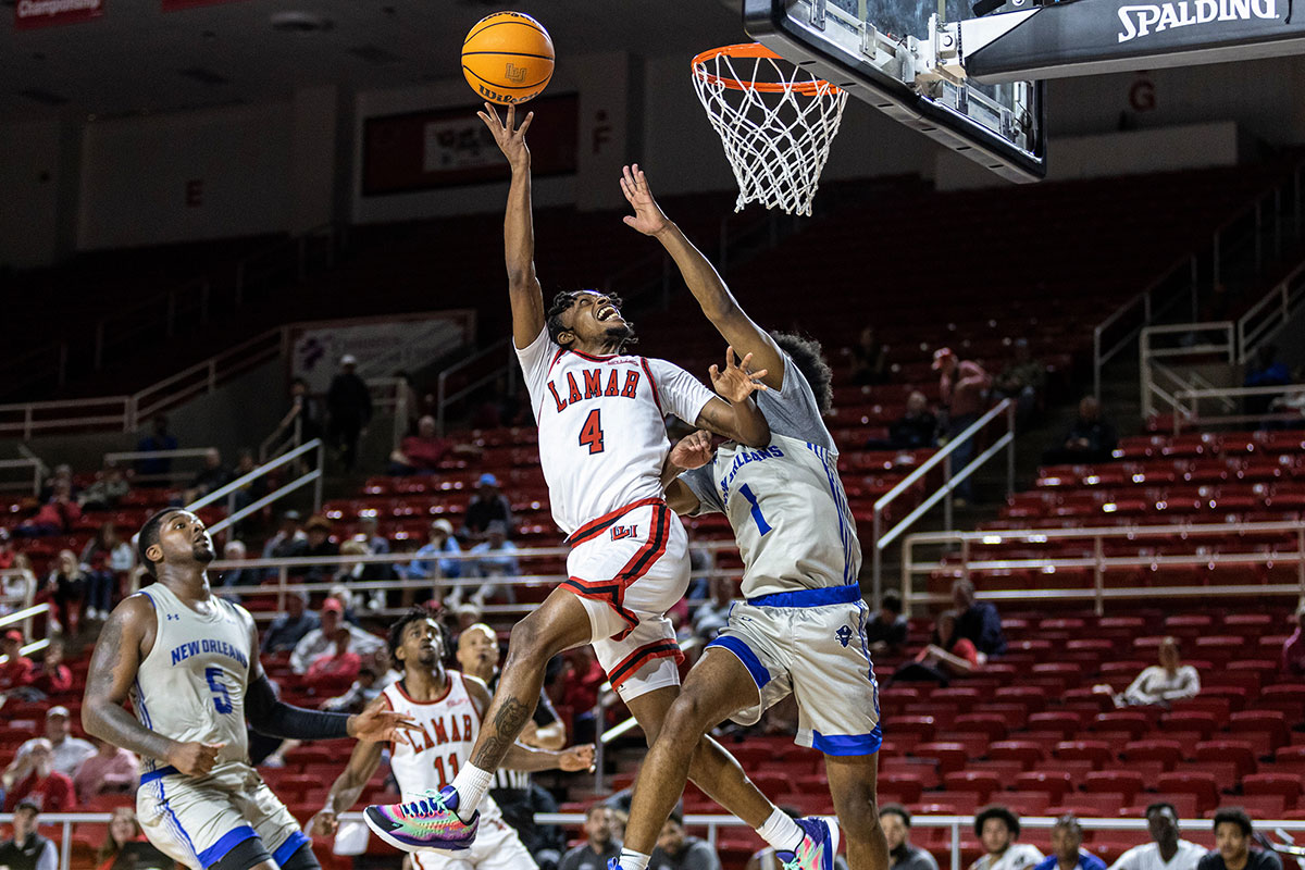 Lamar guard Chris Pryor goes up for a contested basket against New Orleans University, in the Neches Arena at the Montagne Center, Jan. 29. UP photo by Brian Quijada