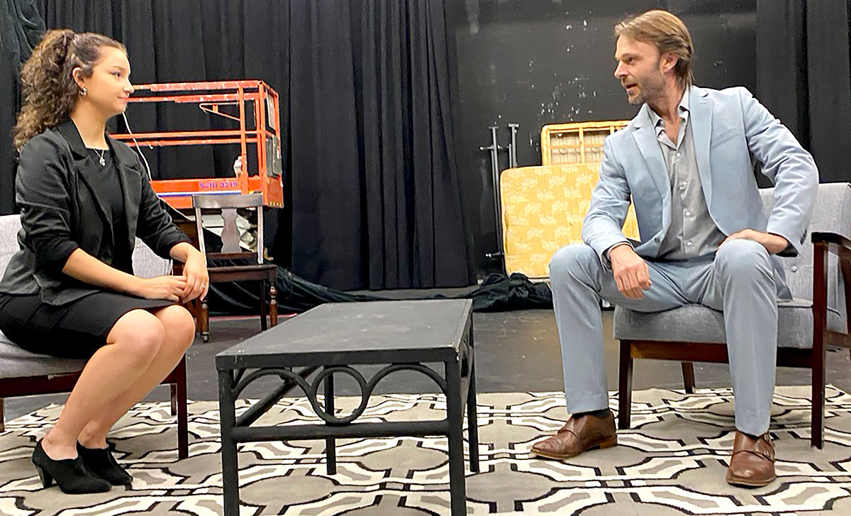 Juliana McManus, left and Jay Sullivan rehearse for LUTD’s "Dumb Show," which will be presented Sept. 19-22 in the Studio Theatre. UP photo by Maddie Sims.