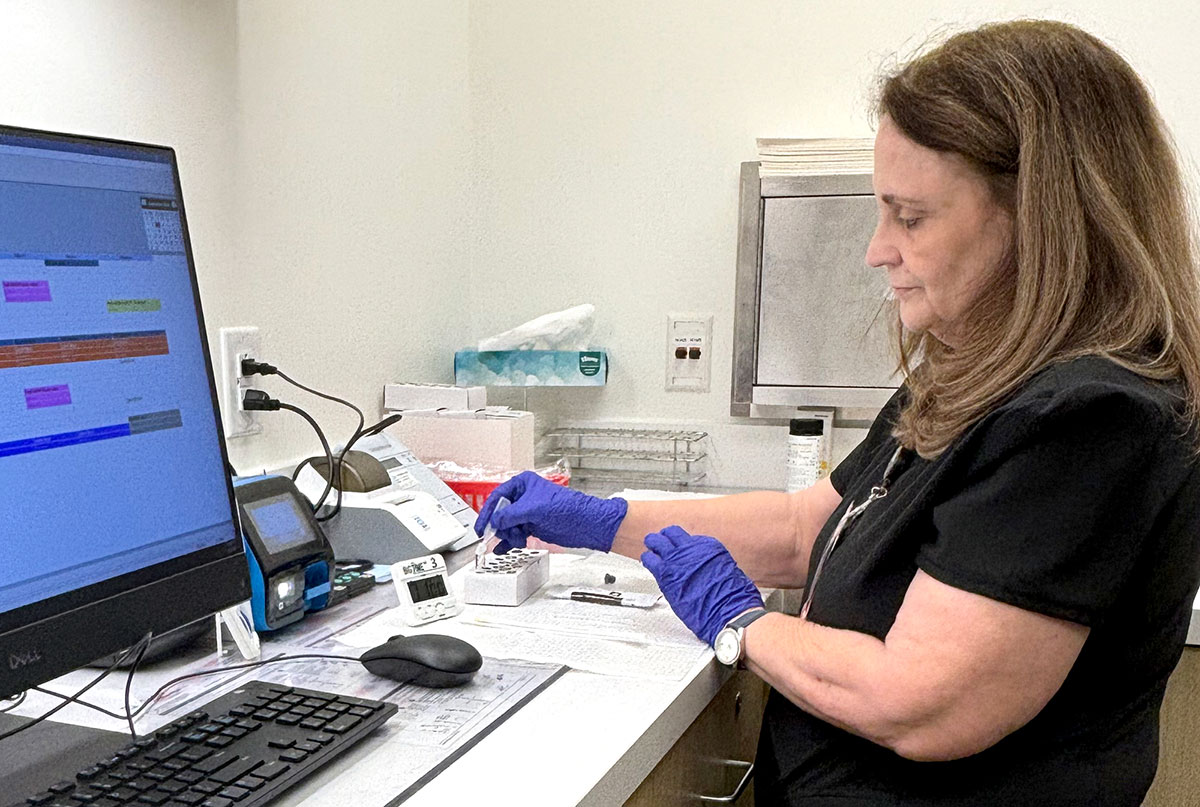 Sharon Kimberlain, a licensd vocational nurse, processes tests in the Student Health Center’s new location in the Sheila Umphrey Recreational Sports Center. UP photo by Kami Greene.